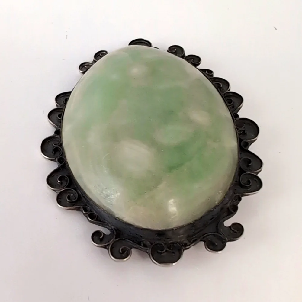 Vintage Sterling Silver Oval Cabochon Green Stone Agate ? Brooch Pin - Mexico - Picture 3 of 11